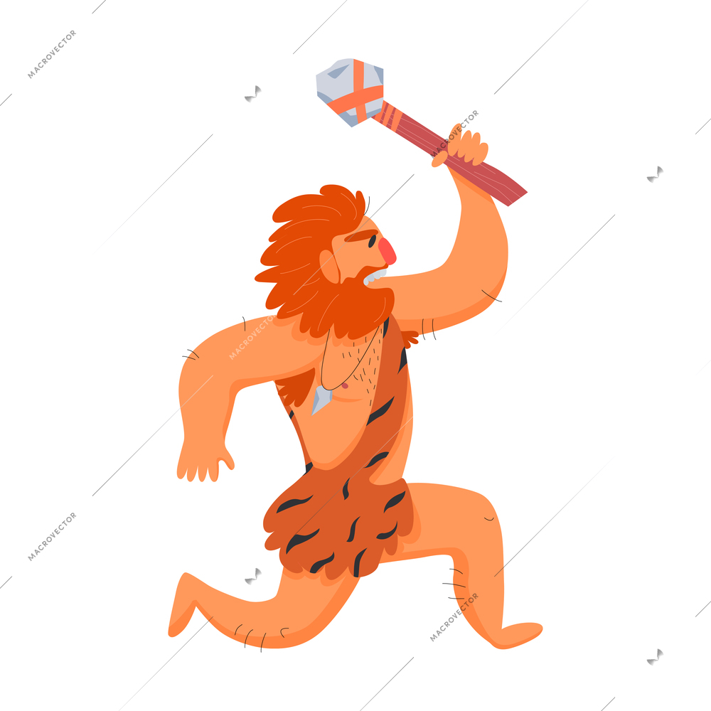 Primitive man caveman composition with isolated character of running man holding stone hammer vector illustration