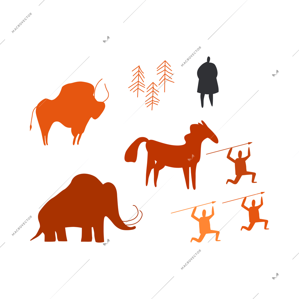 Primitive man caveman composition with isolated silhouettes of people with spears trees and wild animals vector illustration