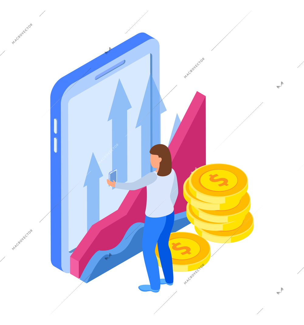 Investment isometric icons composition with human character of investor with smartphone stocks app vector illustration