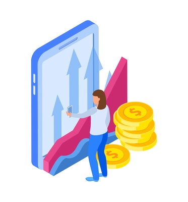 Investment isometric icons composition with human character of investor with smartphone stocks app vector illustration