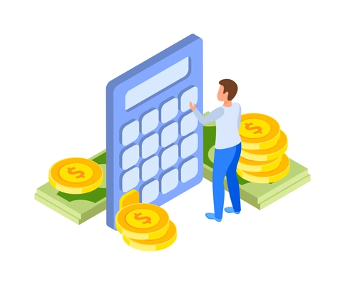 Investment isometric icons composition with human character of investor with calculator and cash vector illustration