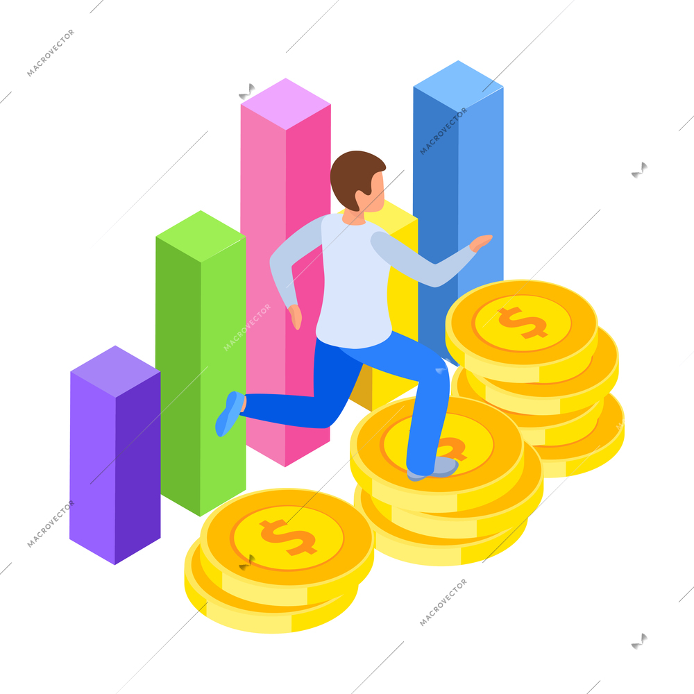 Investment isometric icons composition with human character of investor with bar chart and coins vector illustration