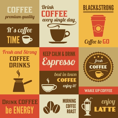 Coffee  premium quality fresh and strong mini poster set isolated vector illustration