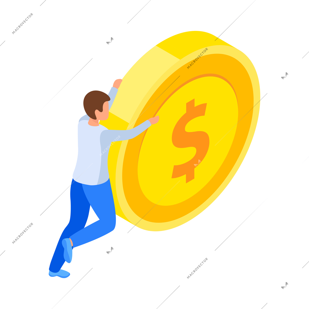 Investment isometric icons composition with human character of investor pushing huge coin vector illustration