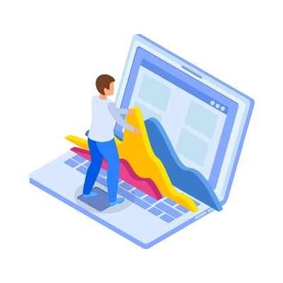 Investment isometric icons composition with human character of investor with laptop stocks app vector illustration