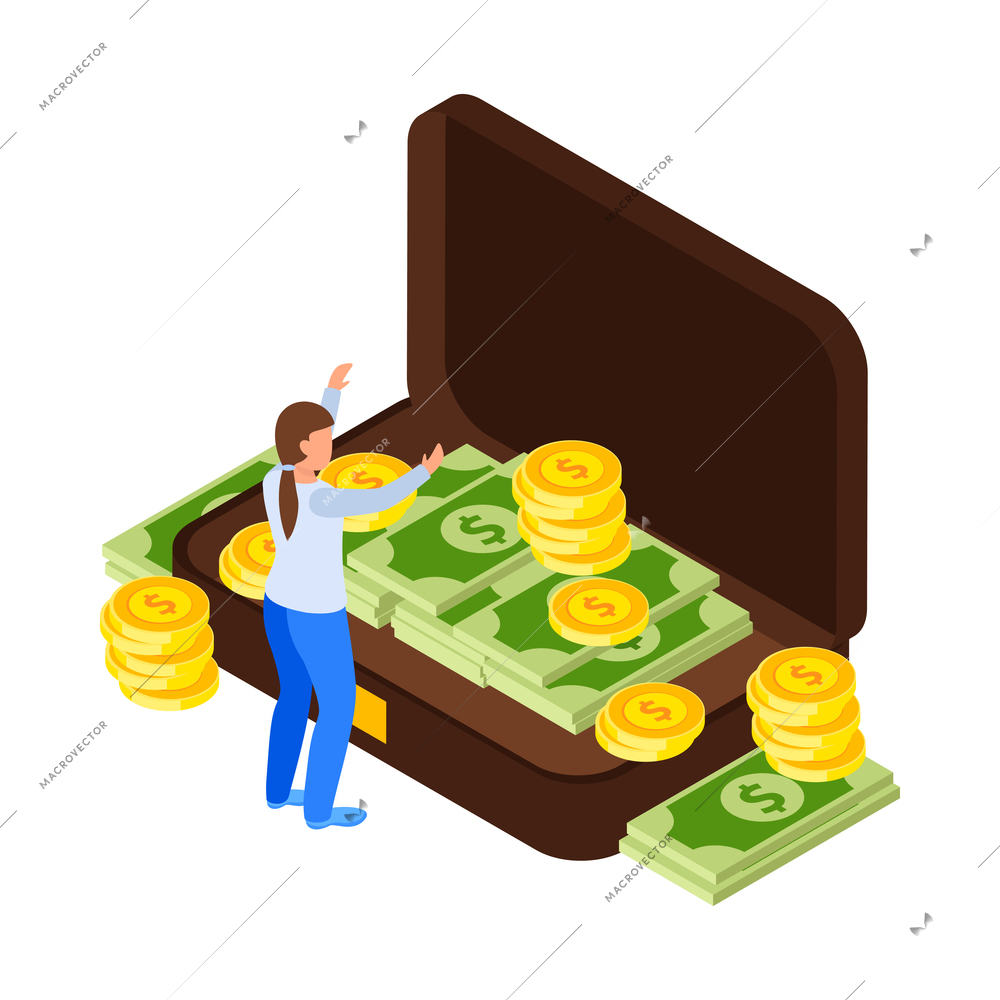 Investment isometric icons composition with human character of investor with bag full of cash vector illustration