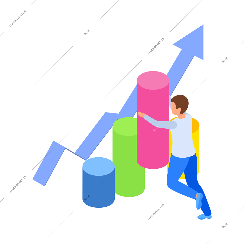 Investment isometric icons composition with human character of investor with bar chart elements vector illustration