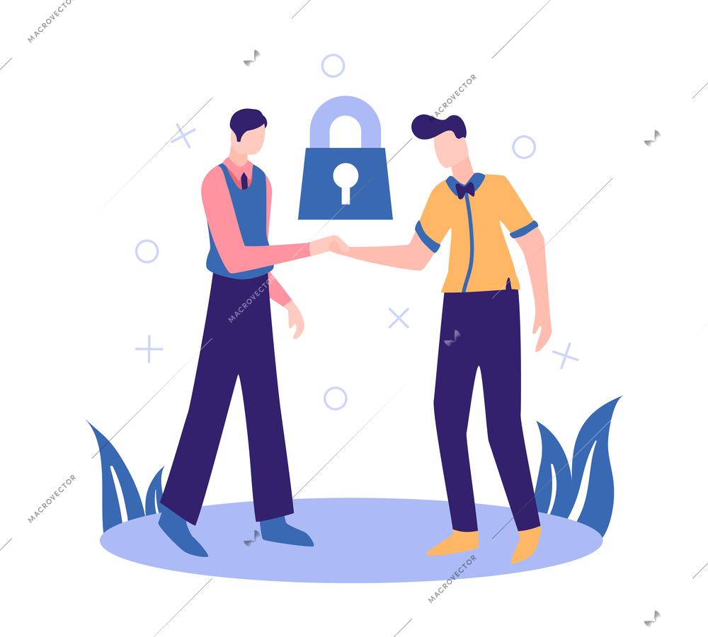 Business partners partnership composition with human characters of coworkers shaking hands with lock icon vector illustration