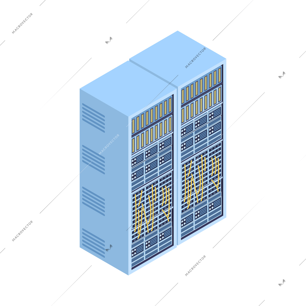 Isometric meteorological weather center forecasters composition with server cabinet with wires vector illustration
