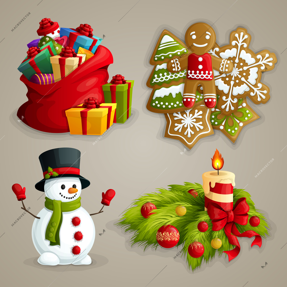 Christmas holiday decoration decorative icons set with gifts cookies snowman candle isolated vector illustration