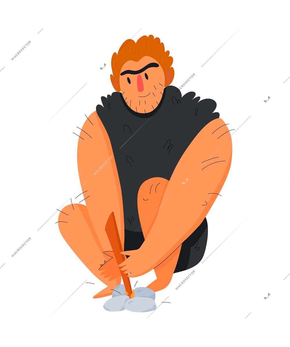 Primitive man caveman composition with character of ancient man striking fire from flint vector illustration