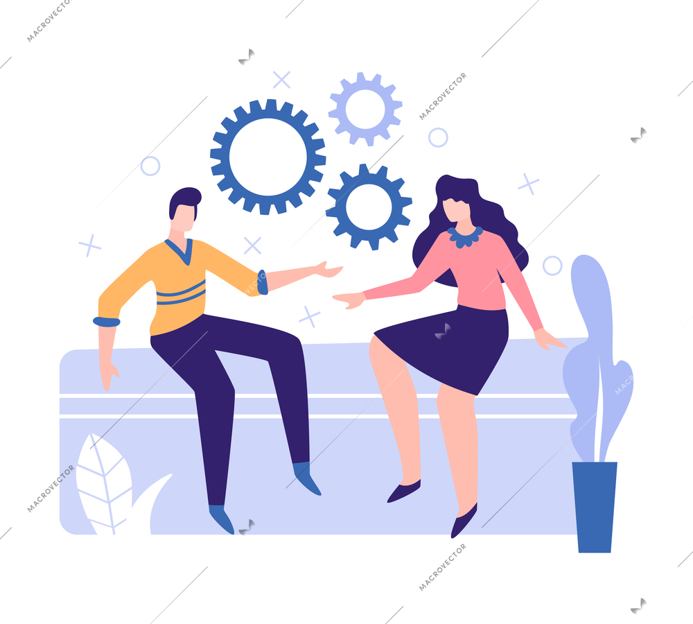 Business partners partnership composition with human characters of coworkers with gear icons vector illustration