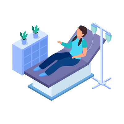 Cancer control isometric composition with character of patient lying on bed with dripper vector illustration