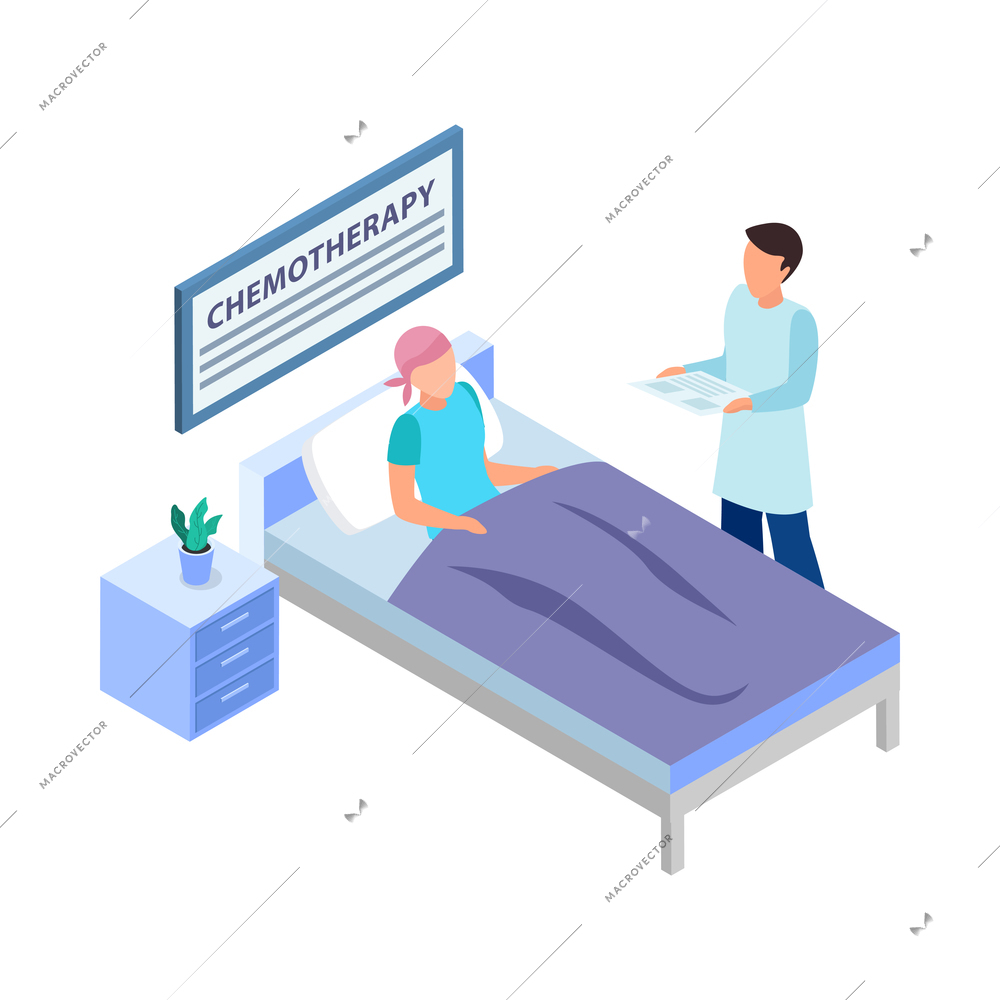 Cancer control isometric composition with characters of patient and doctor in hospital ward vector illustration