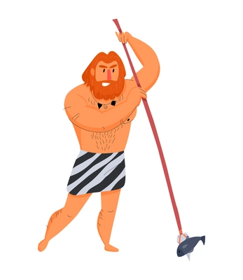 Primitive man caveman composition with character of ancient man catching fish with spear vector illustration