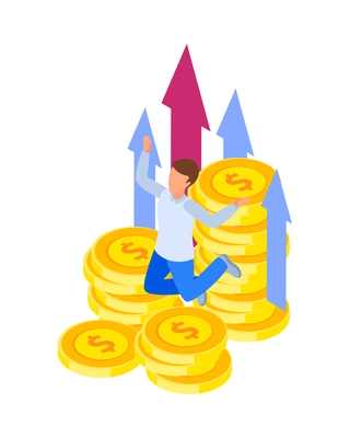 Investment isometric icons composition with human character of investor with stacks of coins and arrows vector illustration