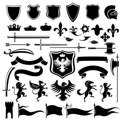 Heraldic medieval vintage set black decorative icons set with crown shield arabesque isolated vector illustration