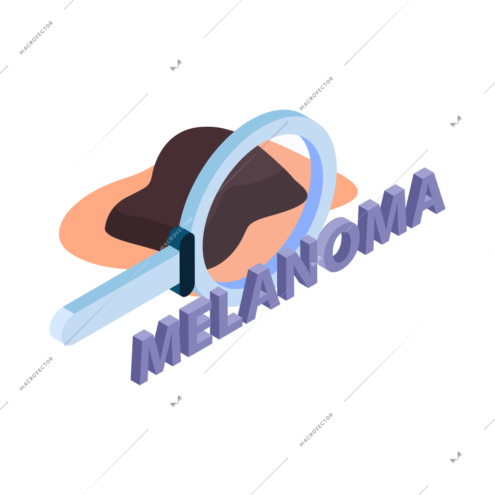 Cancer control isometric composition with image of melanoma with magnifying glass and text vector illustration