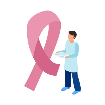 Cancer control isometric composition with male character of doctor with ribbon cancer sign vector illustration