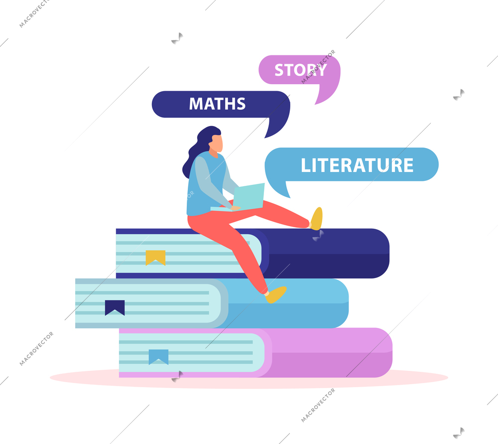 Online education composition of flat icons with human character of remote student with books stack vector illustration