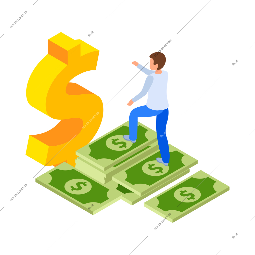 Investment isometric icons composition with human character of investor with cash vector illustration