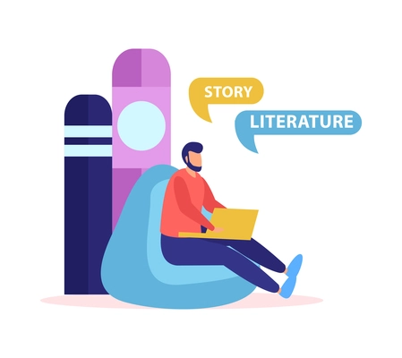 Online education composition of flat icons with human character of remote student in lounge chair vector illustration