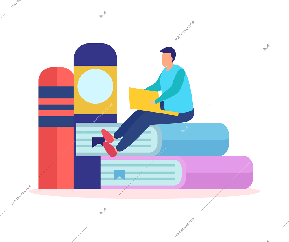 Online education composition of flat icons with human character of remote student on books stack vector illustration