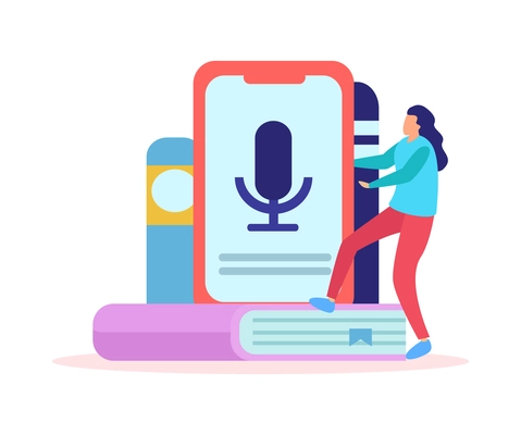 Online education composition of flat icons with human character of remote student with smartphone mic vector illustration