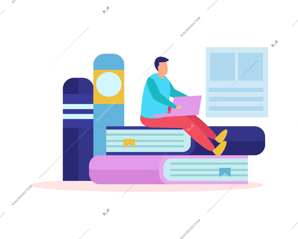 Online education composition of flat icons with human character of remote student with books and laptop vector illustration