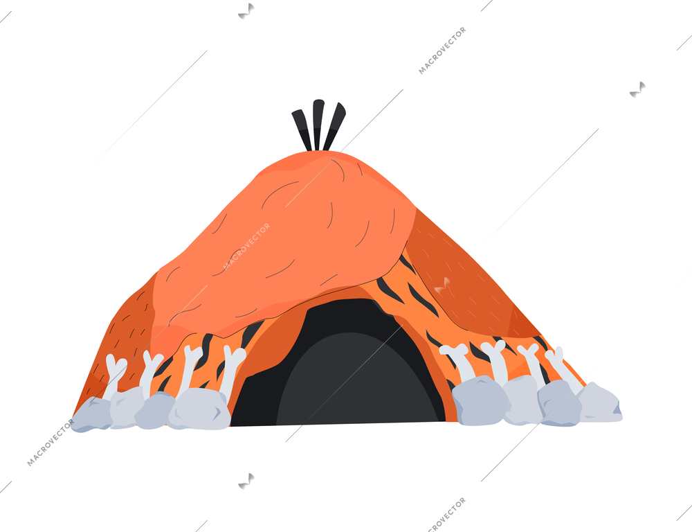 Primitive man caveman composition with isolated image of ancient tent shelter covered with animal hides vector illustration