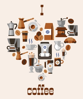 Love coffee concept with grinder hot cup pack cream beans turk french press decorative icons vector illustration