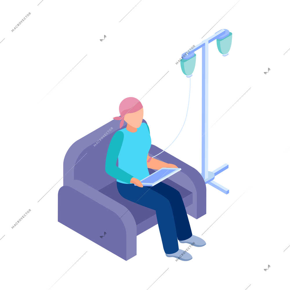 Cancer control isometric composition with character of sitting patient with dripper and tablet vector illustration