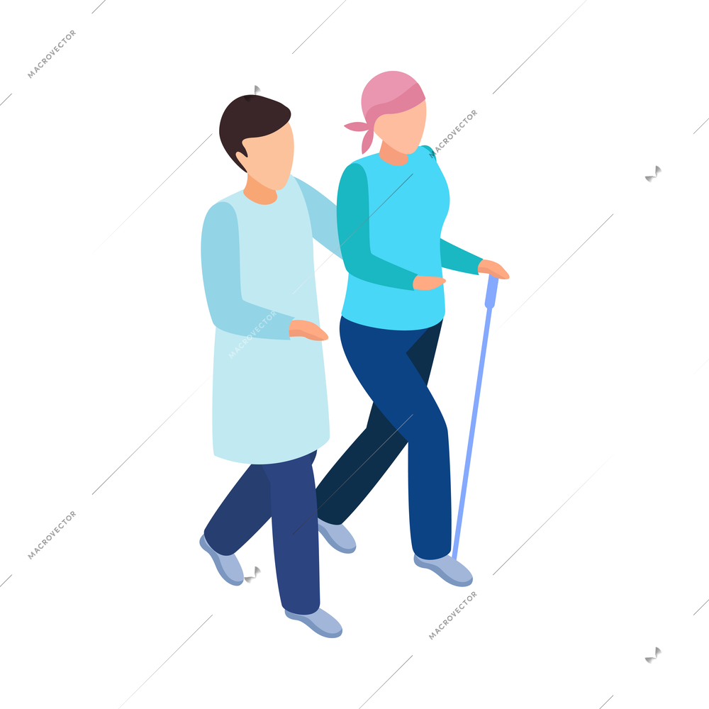 Cancer control isometric composition with characters of walking patient and assisting doctor vector illustration