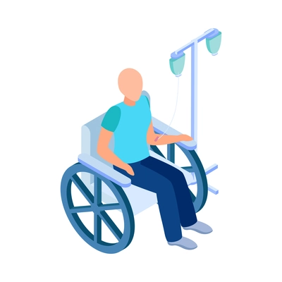 Cancer control isometric composition with character of patient with dripper sitting on wheelchair vector illustration