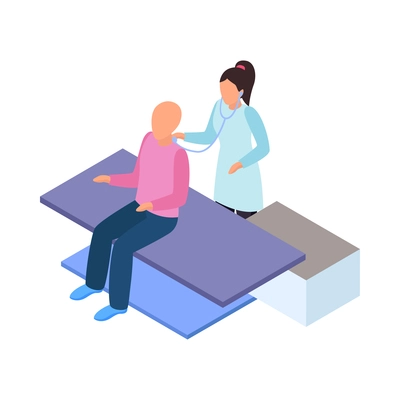 Cancer control isometric composition with characters of patient and doctor with stethoscope vector illustration