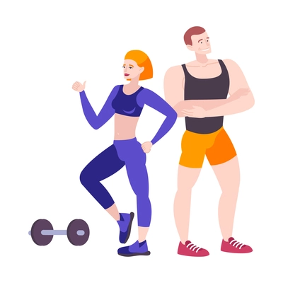 Fitness club composition with human characters of male and female athletes with dumbbell vector illustration