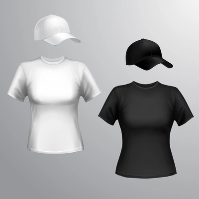 Womens black and white t-shirt and baseball cap front set isolated on grey background vector illustration