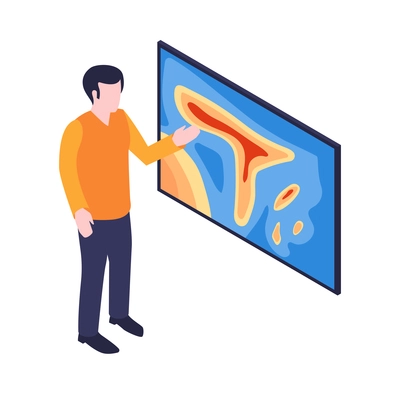 Isometric meteorological weather center forecasters composition with host character and board map vector illustration