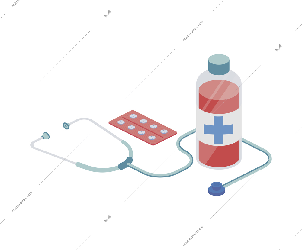 Ambulance isometric composition with isolated images of stethoscope pills and bottle vector illustration