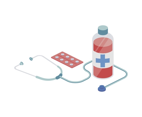 Ambulance isometric composition with isolated images of stethoscope pills and bottle vector illustration