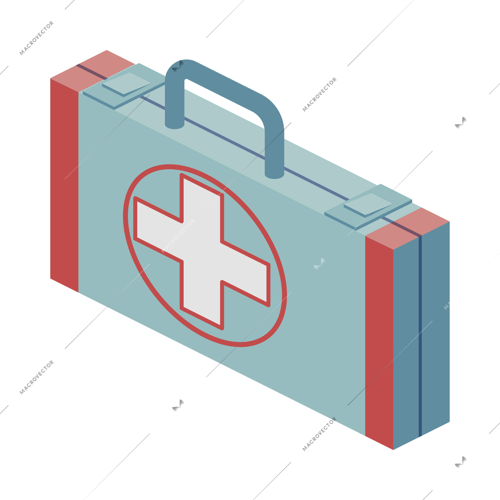 Ambulance isometric composition with isolated image of first aid box with handle vector illustration