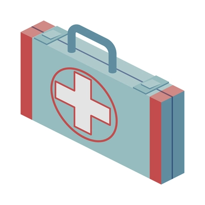 Ambulance isometric composition with isolated image of first aid box with handle vector illustration