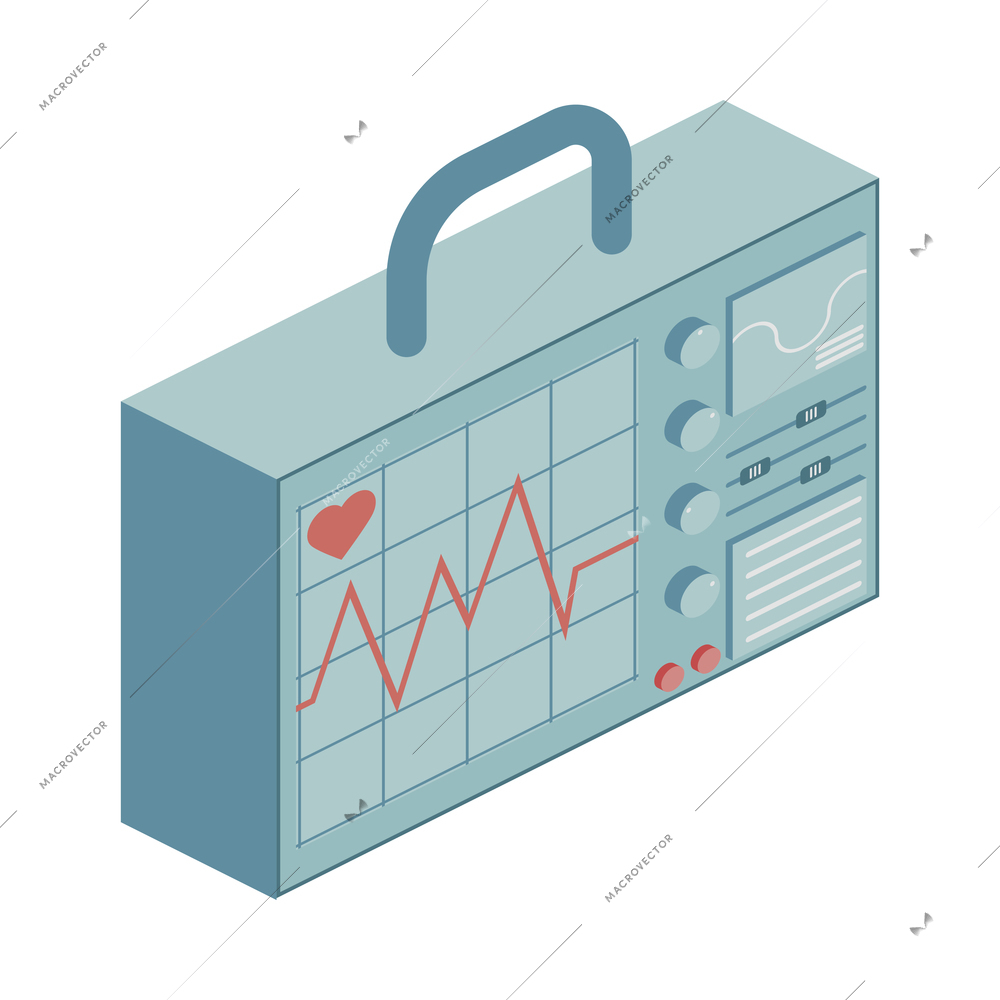 Ambulance isometric composition with isolated image of portable cardiograph vector illustration