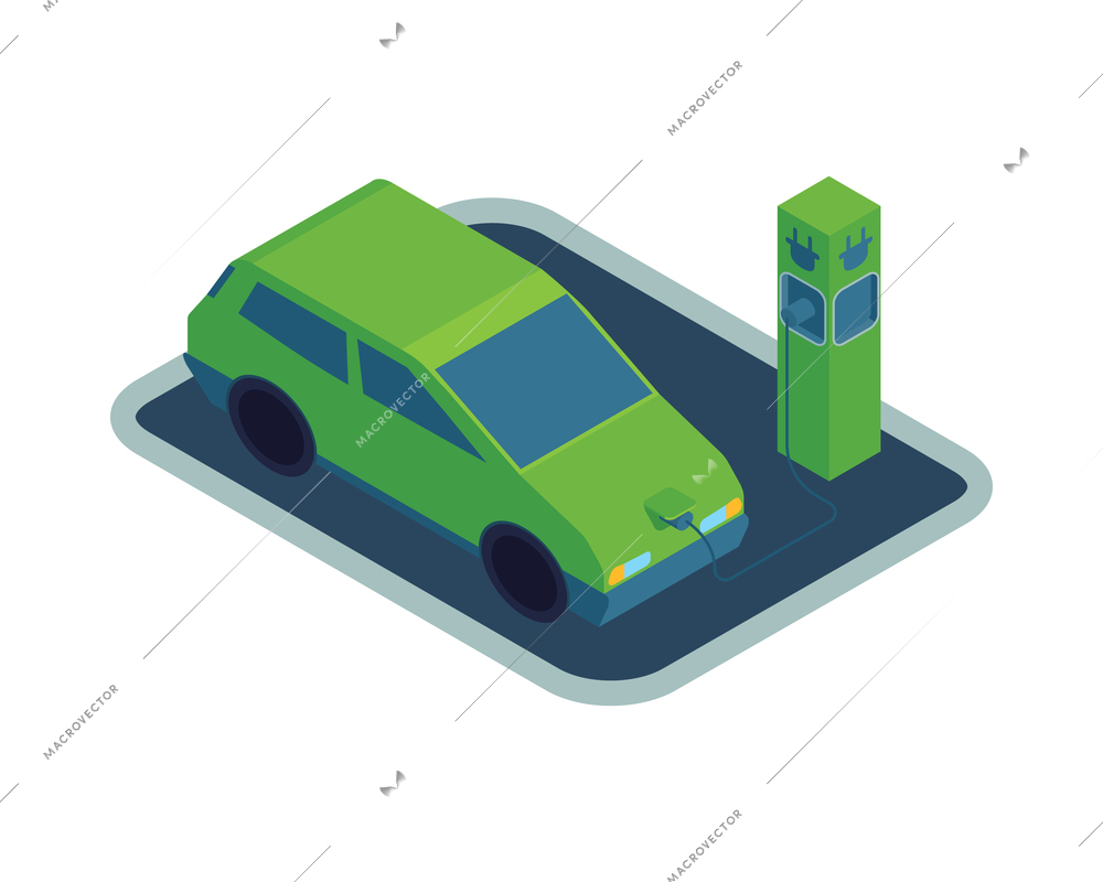 Isometric renewable wind power green energy sources composition with isolated image of car charging unit vector illustration