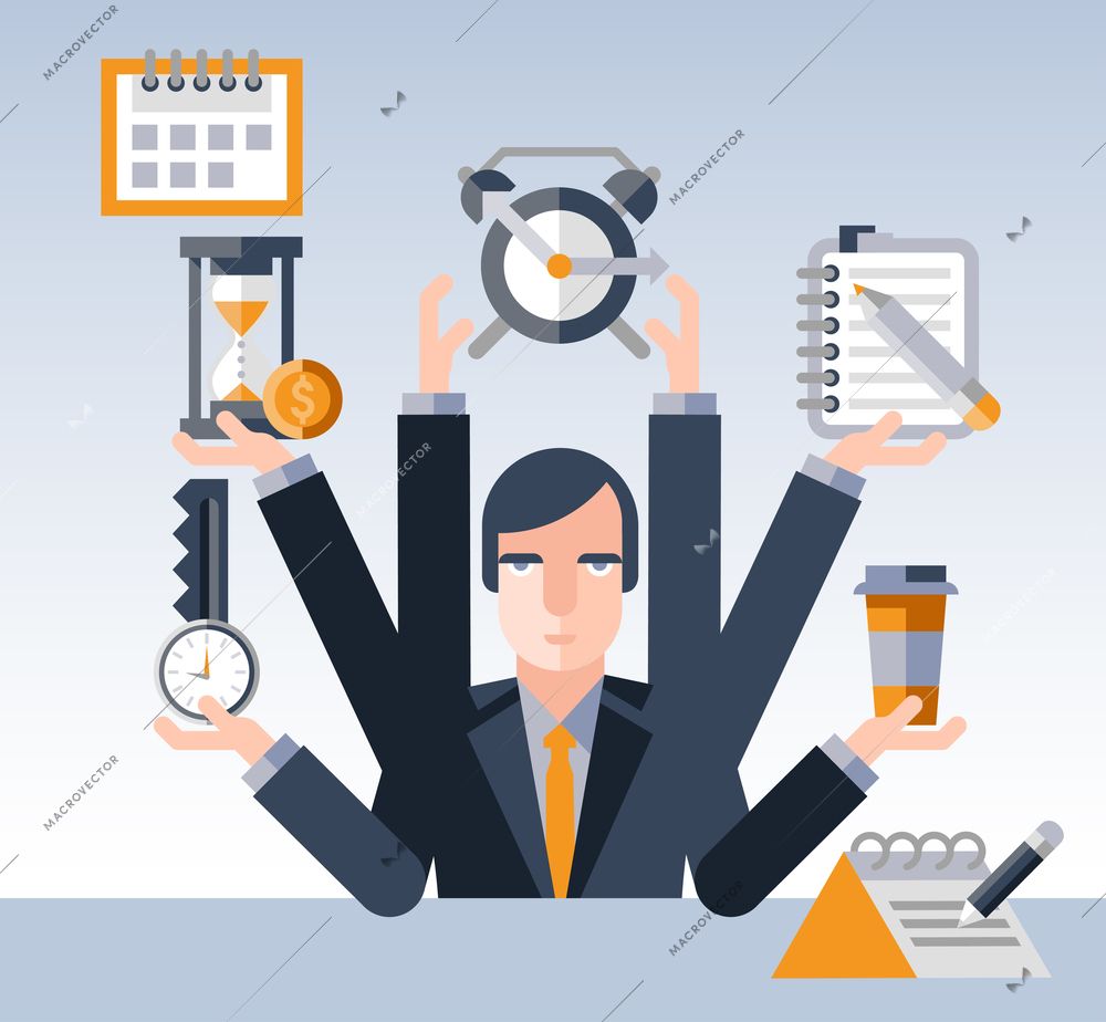 Time management concept with multitasking businessman with many hands and successful planning elements vector illustration
