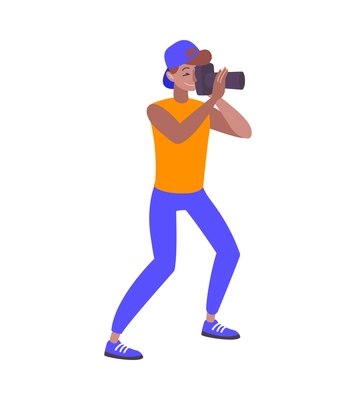 Marathon running sport composition with isolated human character of guy shooting with photo camera vector illustration