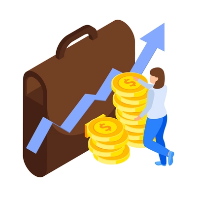 Investment isometric icons composition with human character of investor with bag and coin stacks vector illustration