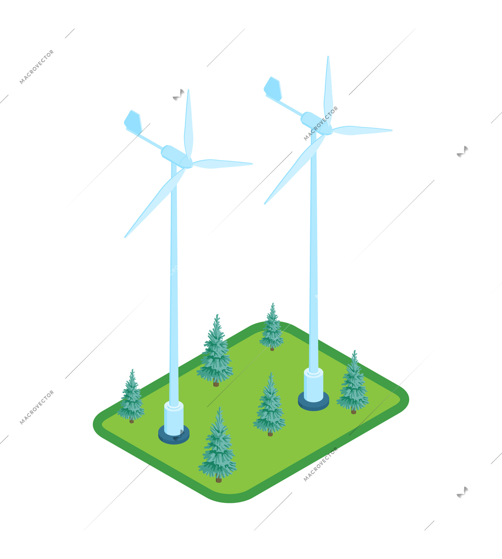 Isometric renewable wind power green energy sources composition with wind turbines among trees vector illustration