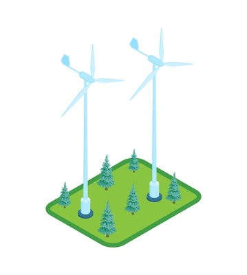 Isometric renewable wind power green energy sources composition with wind turbines among trees vector illustration