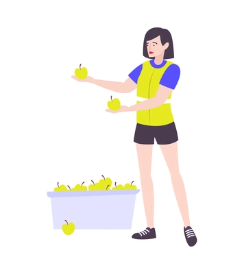 Marathon running sport composition with isolated human character of female volunteer sharing apples vector illustration